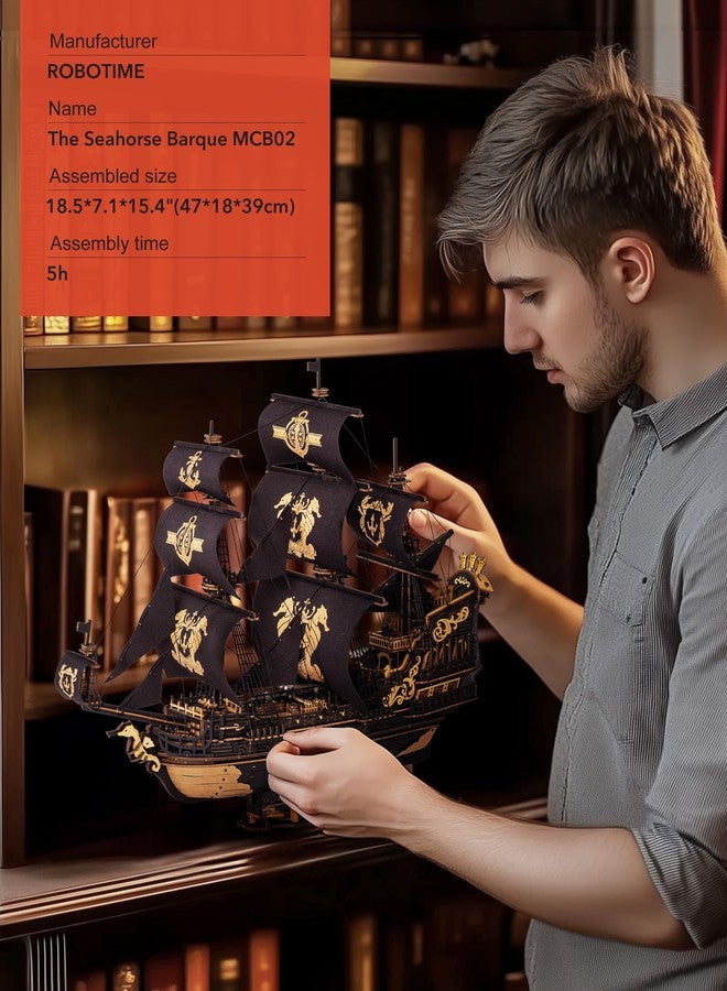 ROBOTIME Seahorse 3D Wooden Puzzles for Adults, Black Sailboat Model Kits for Boys and Men, Home Office Decor Gifts Pirate Ship Building (603 Pcs) - Image 5